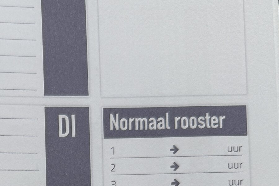 Lesroosterpagina van de lerarenagenda met een normaal rooster en een verkort rooster per dag.